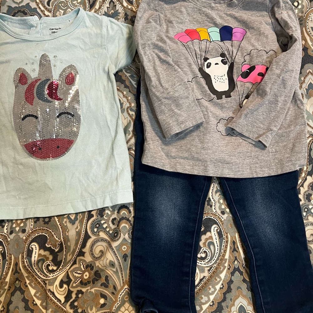 Jeans cat & Jack ,Carter's Long Sleeve Panda Tees , unicorn tee- 18 months